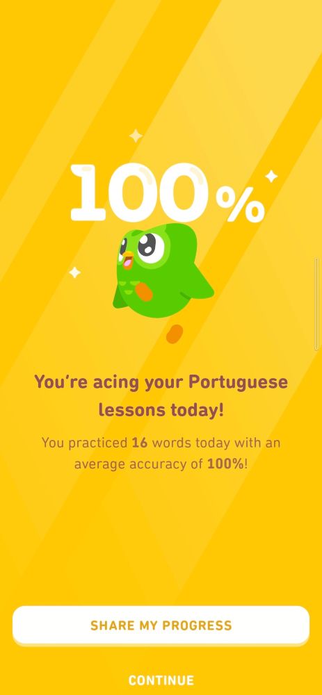 今日のポルトガル語の勉強結果が表示されている画面