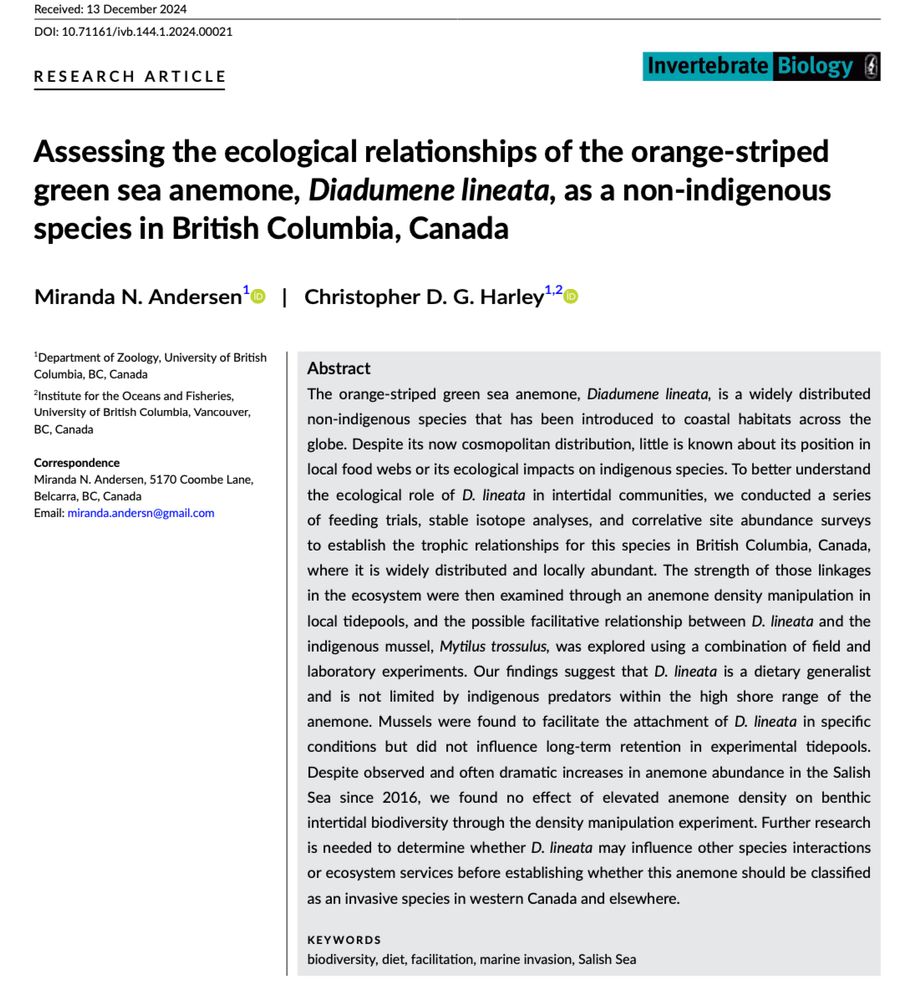 Research paper entitled "Assessing the ecological relationships of the orange-striped green sea anemone, Diadumene lineata, as a non-indigenous species in British Columbia, Canada