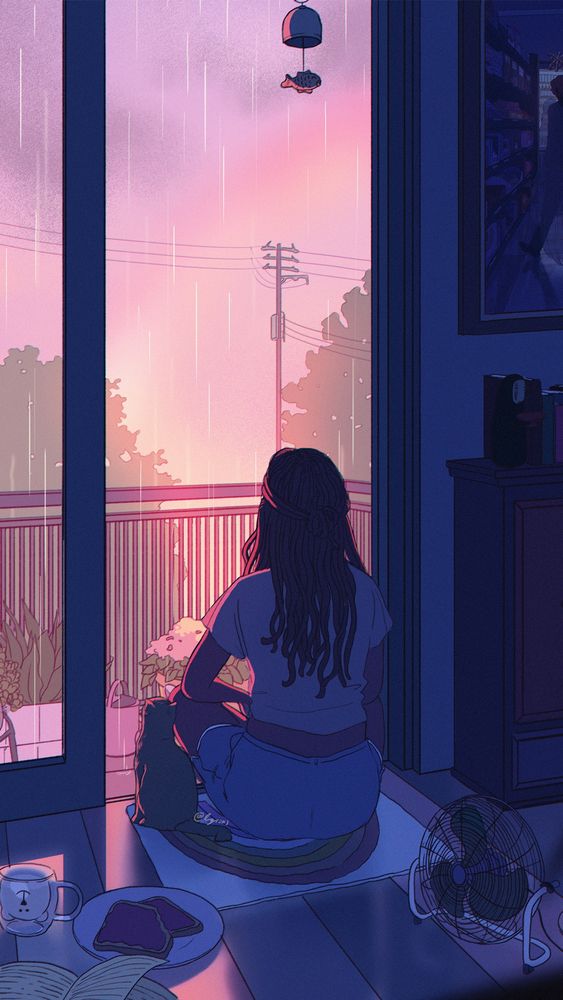 digital illustration of a girl sitting in the dark. she’s sitting crisscross on the floor in front of an open door leading to a balcony. a small cat sits next to her. together they watch the rain. outside it’s sunny and there’s a faint rainbow. 