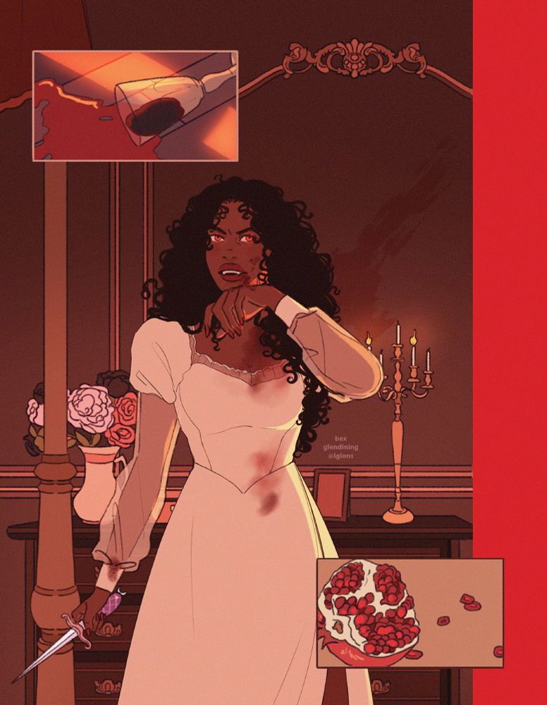 illustration of evelyn. she's holding a dagger in one hand and wiping her bloody mouth with the other. she's wearing a white gown that has blood on it. there's 2 small panels at the top and bottom. one has a spilled glass of wine, the other has a cracked open pomegranate