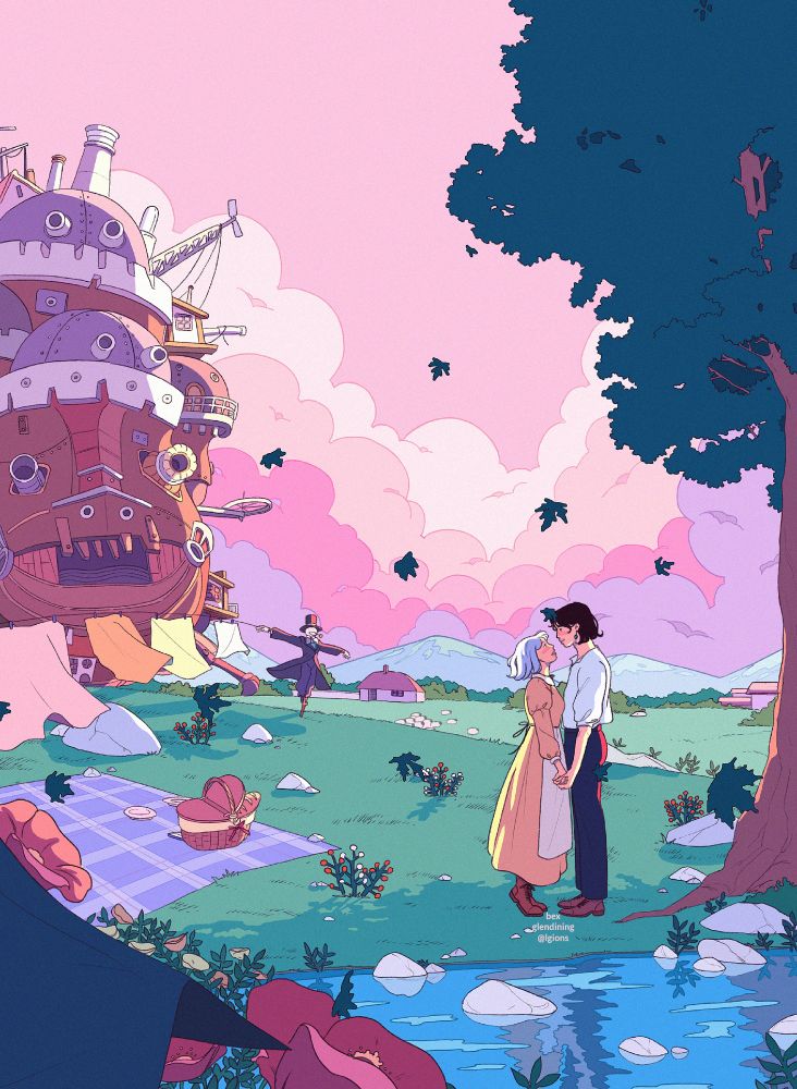 digital illustration of sophie and howl from howls moving castle standing in a field. pink fluffy clouds are in the background as is the castle. it’s a soft picnic scene 