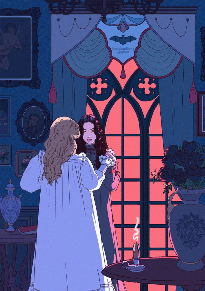 a digital illustration of Carmilla and Laura from the novel 'Carmilla'. Carmilla looks at the viewer, possessive of Laura, while Laura is turned away, only her back visible. They are holding hands gently. They are standing in a victorian era room with red light coming through the large window behind them. There are paintings on the wall and a vase of black roses on table in the foreground. It feels like we're observing a quiet moment we shouldn't be seeing.