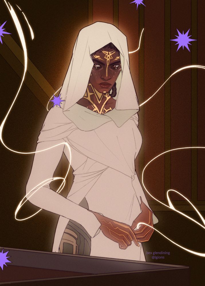 digital illustration of mel from arcane wearing her white robe from season 2. magical whips spiral around her arms and purple stars scatter around the canvas 