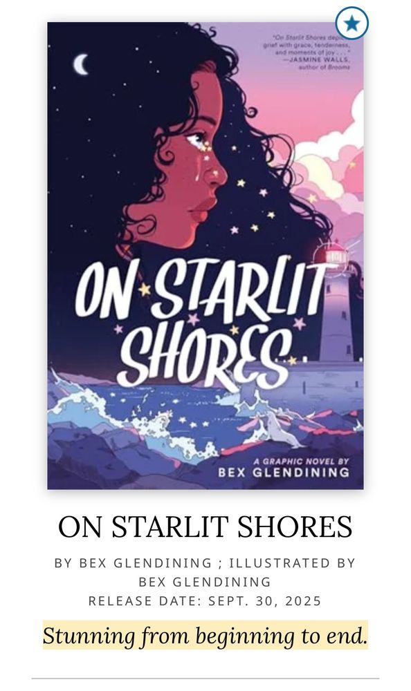 screenshot of the starred view for on starlit shores from kirkus. it shows the front cover and says ‘stunning from beginning to end’