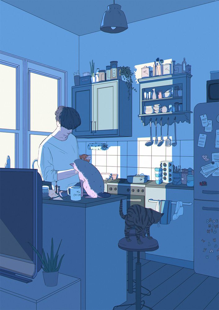 a digital illustration of a person standing in their kitchen. there's two cats about. the overall image is shades of blue with white lighting