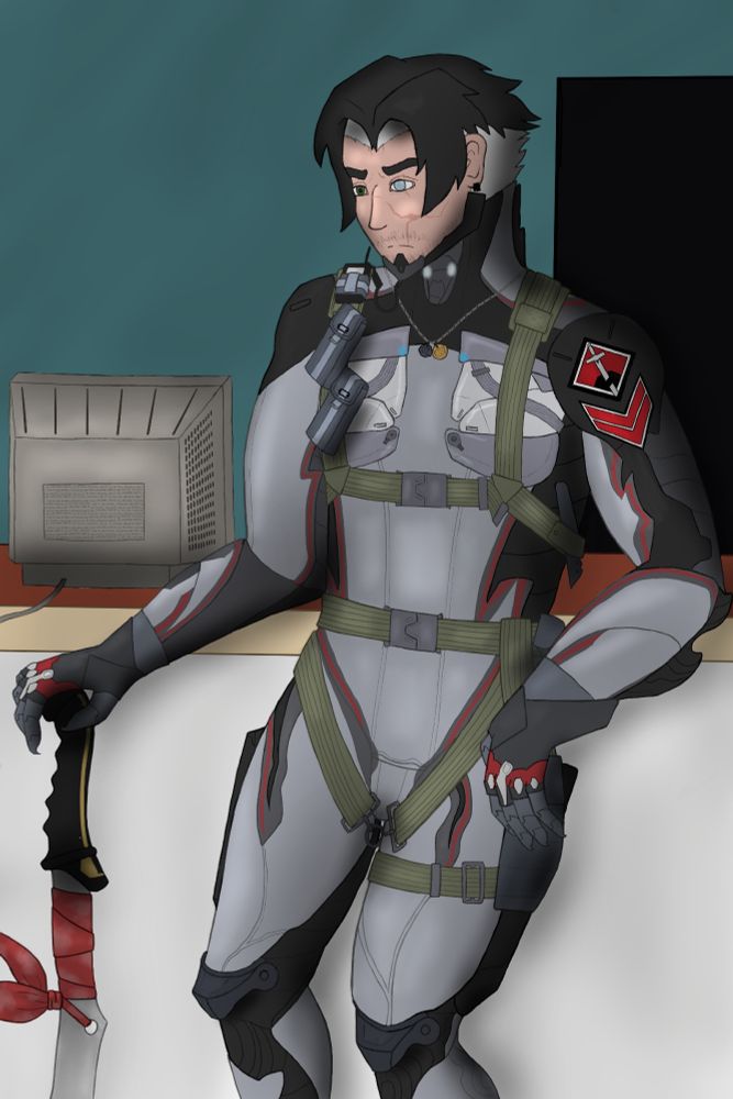 Arthur Nightingale from Warframe 1999 leaning back against a counter with one hand on his sword.