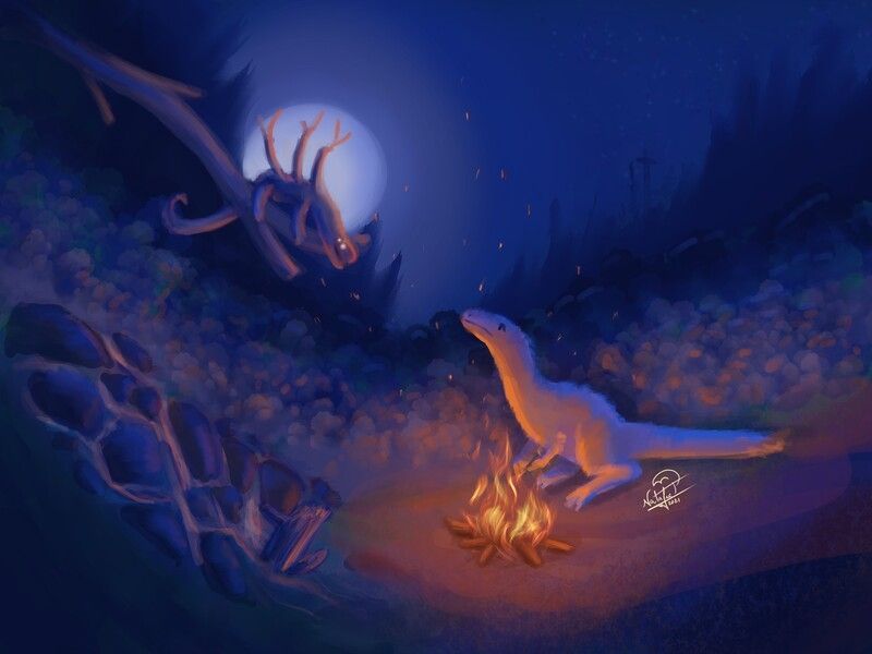 A dinosauroid in front of a bonfire looking at a strange creature resembling a Longisquama. The entire scene occurs at night.