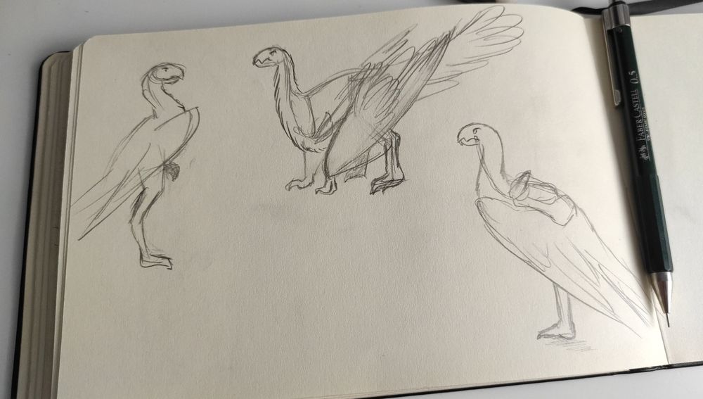 Bocetos de dinosaurios especulativos emplumados en postura bípeda y cuadrúpeda.