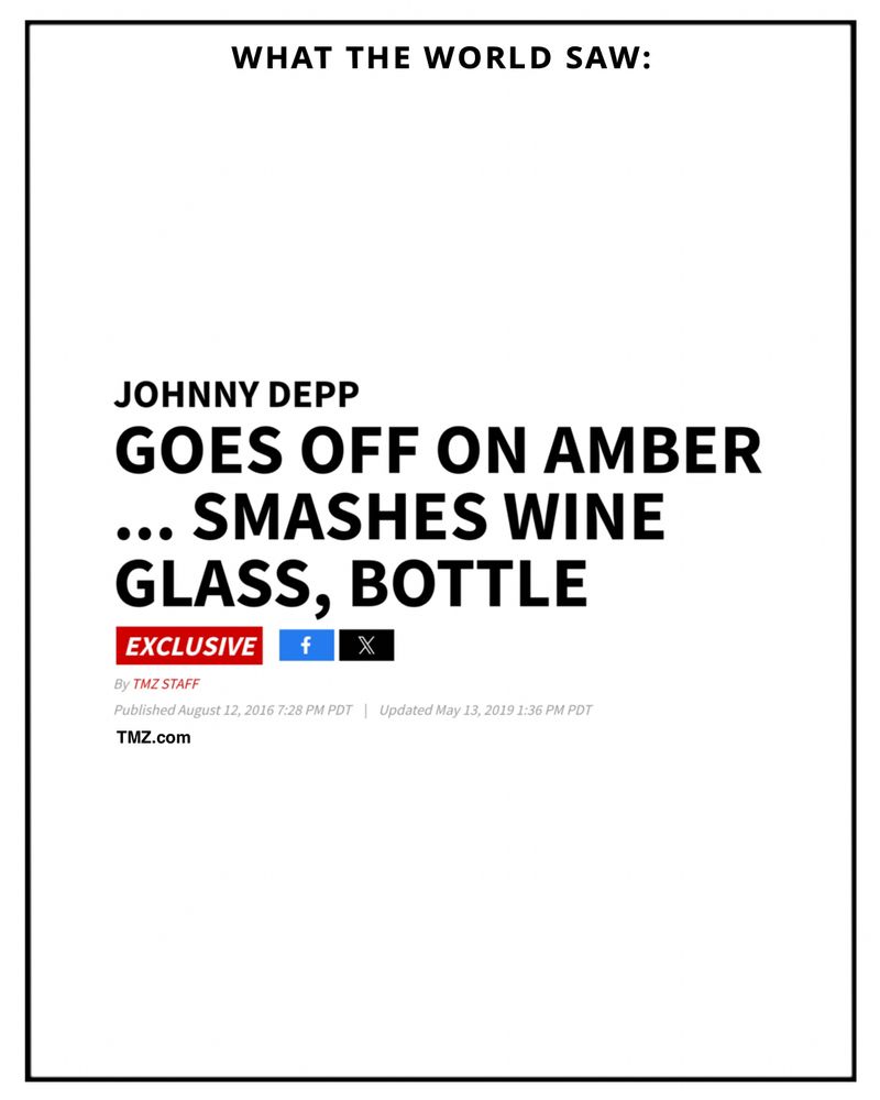 What the world saw:

Screenshot of the TMZ headline from August 12th, 2016

“Johnny Depp 
Goes off on Amber
… Smashes wine
glass, bottle”