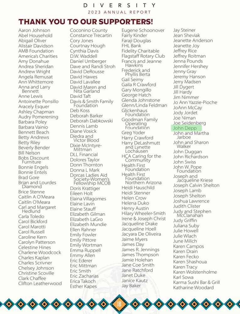 From Red Feather, a page from their 2023 annual report with a page “thank you to our supporters.” I’ve highlighted in green a name listed as “John Depp.”

Link further down this thread.