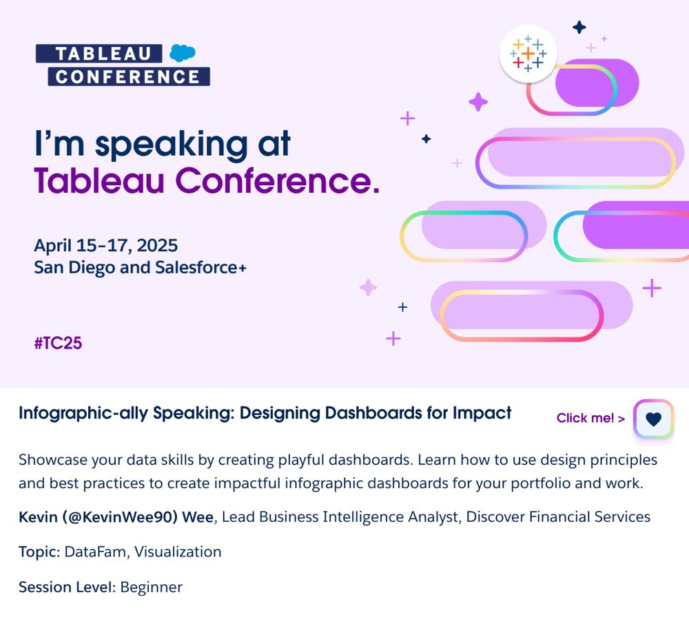 "I am speaking at Tableau Conference" card for the 2025 conference in San Diego. Kevin Wee's presentation is entitled "Infographic-ally Speaking: Designing Dashboards for Impact."