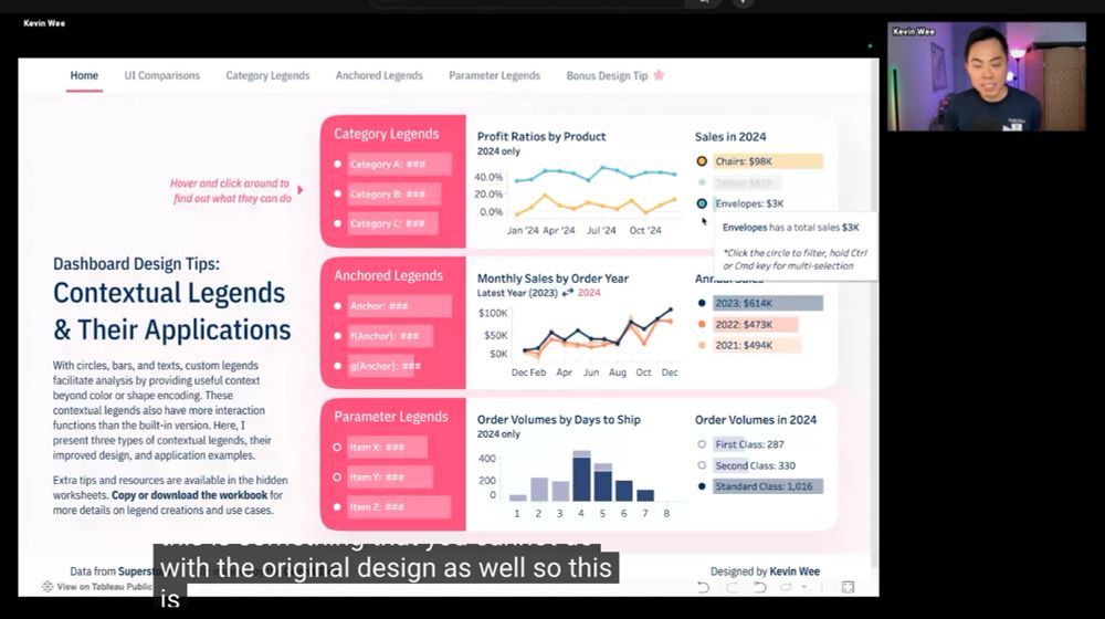Kevin Wee demonstrated the multi-selection function of a category legend he designed, which a Tableau default legend lacks.