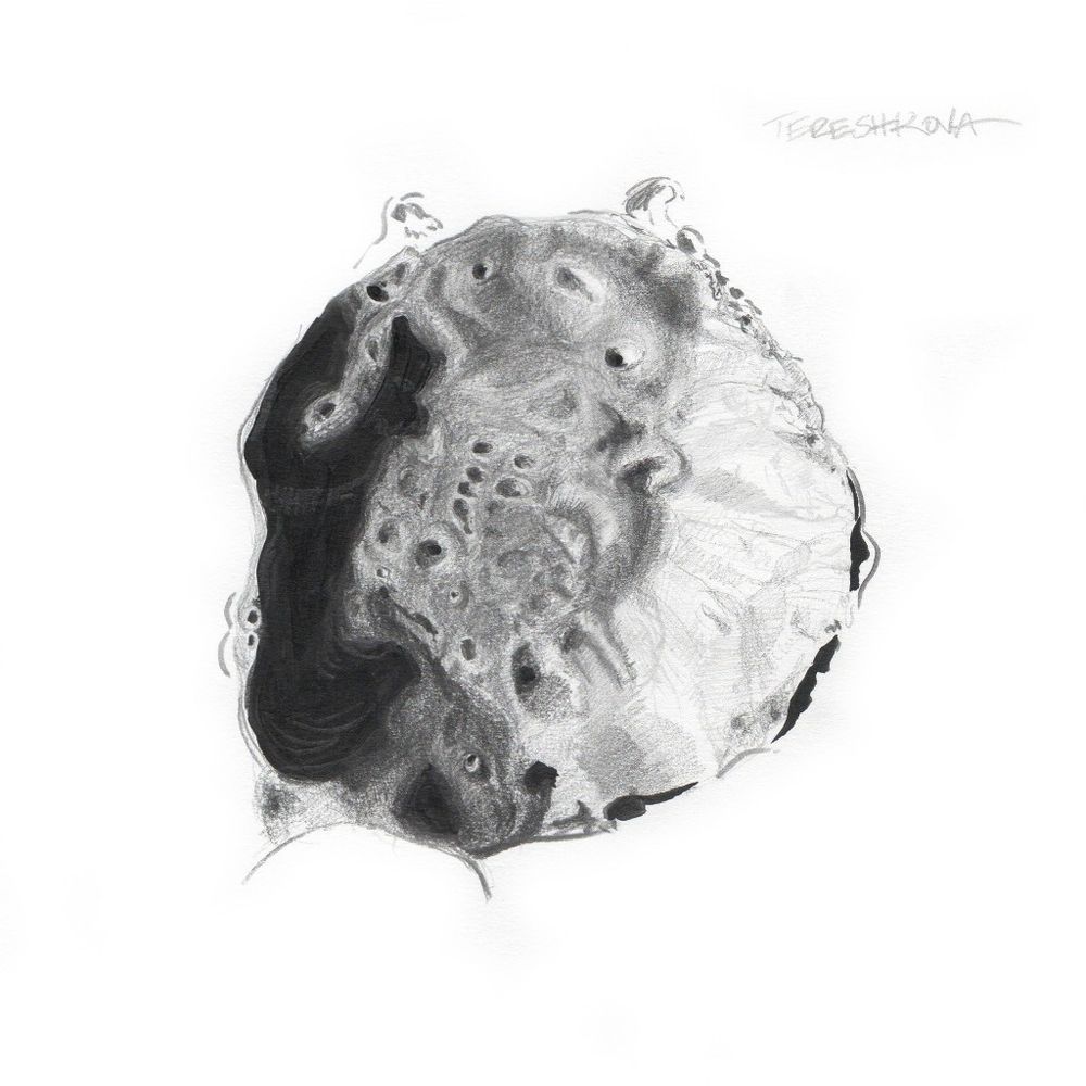 A black and white pencil drawing of a Moon crater on a white background 