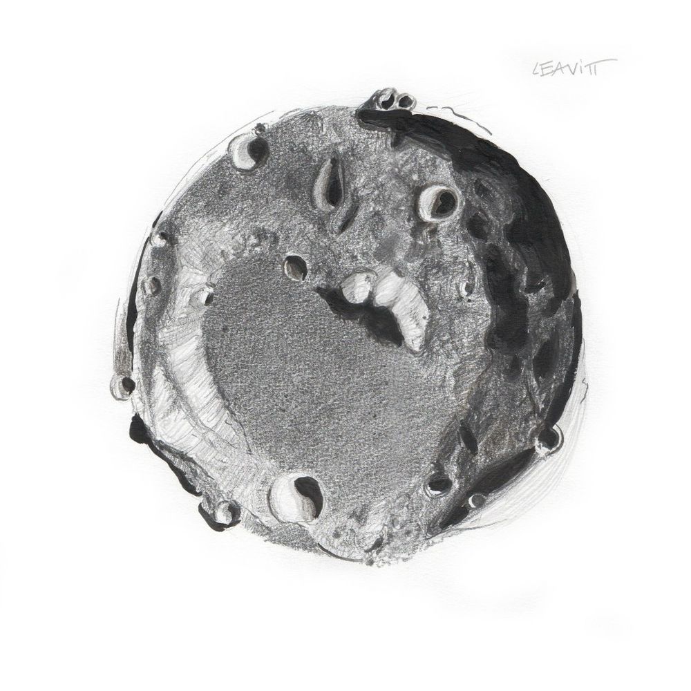 A black and white pencil drawing of a Moon crater on a white background 