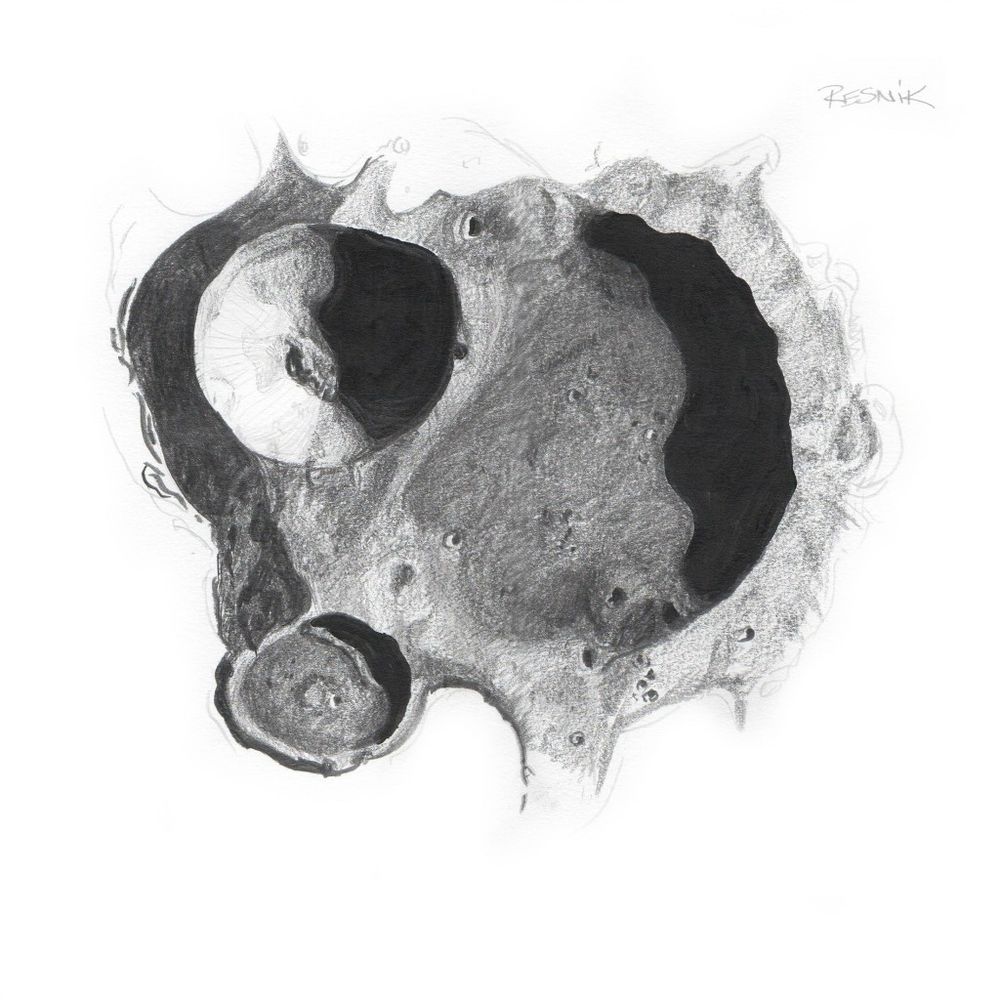 A black and white pencil drawing of a Moon crater on a white background 