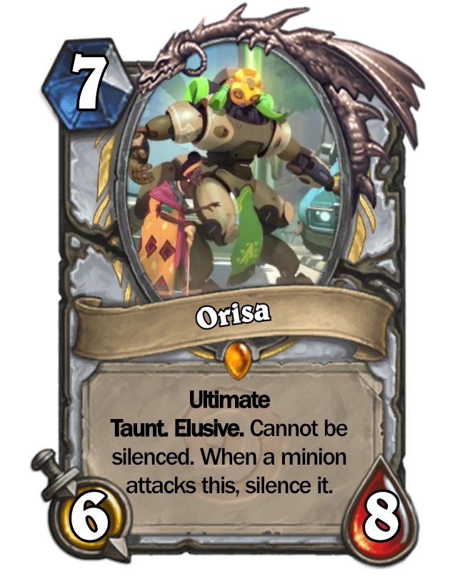 Orisa. A 7 mana 6/8 legendary priest minion. Text: Ultimate. Taunt. Elusive. Cannot be silenced. When a minion attacks this, silence it.

Art: Orisa is a 4-legged robot with two arms, somewhat like a centaur. She is reaching out with her left hand to stop a car in its tracks. Yellow horns protrude down past her cheeks giving her a Bull-like appearance.
