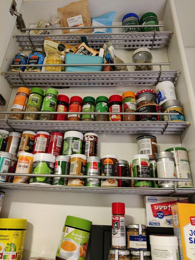 Photo of my spice cupboard. 4 Floors (plus one ground level) that are not particularly organized xD
