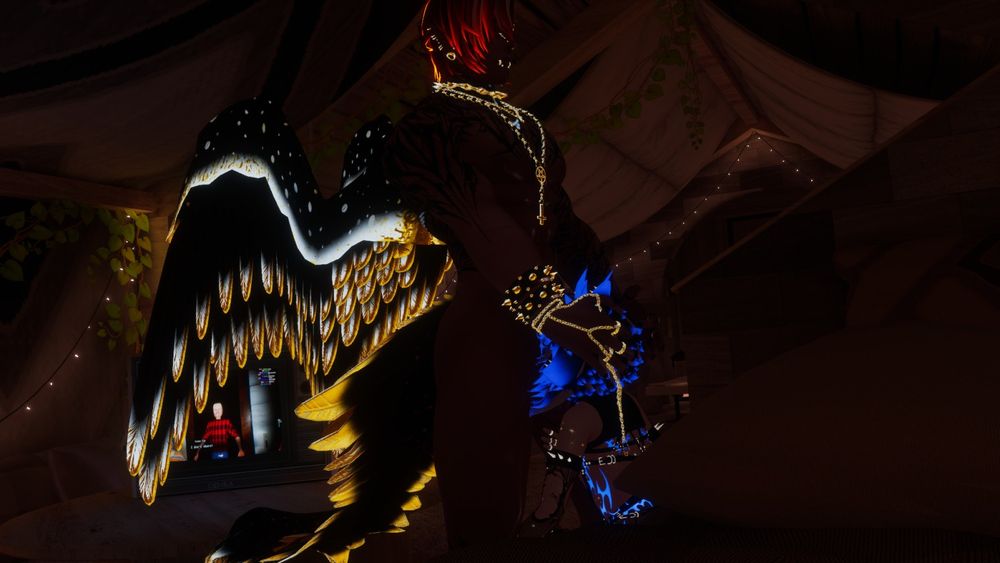 Blue haired, cat eared femboy. Gold laced, orange haired, winged eboy. Femboy is on his knees, sucking the eboy's cock while the eboy has both hands on his head, holding his cock in the femboy's throat.