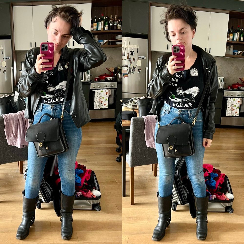 Mirror selfies of Kate wearing a black T-shirt with a Dr. Seuss illustration on it, in the style of Green Eggs & Ham, that says “Gonna Fuck This Ham, by G.G. Allin.” Also skinny jeans, black leather boots, a black leather jacket and a black leather bag.