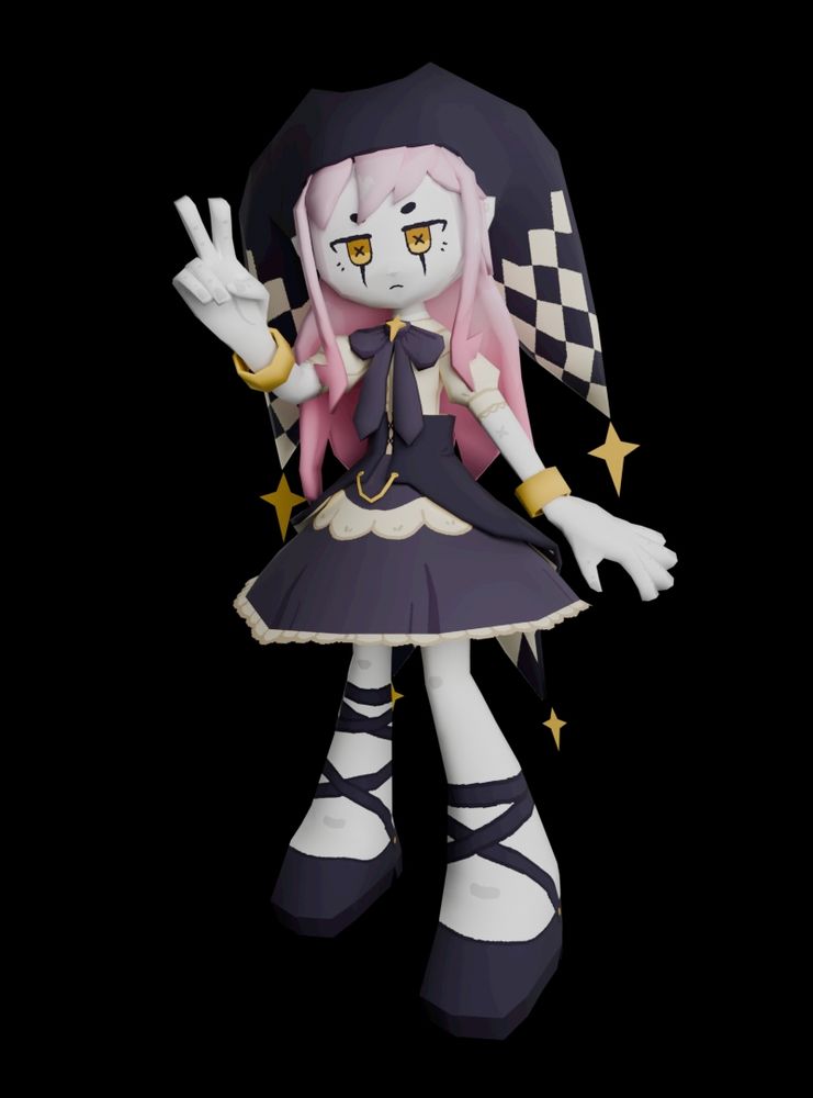 Stylised 3D model of a clown girl with pink hair, a cream shirt, and a purple skirt and hat.
