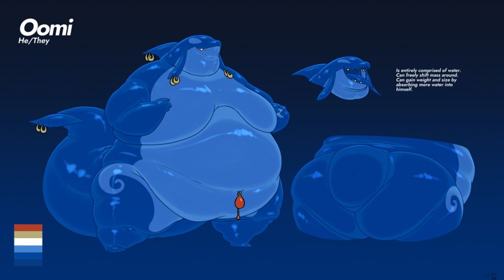 A reference sheet of Oomi (Pronouns He/They), a creature comprised almost entirely of clear blue waters. Oomi can freely shift their mass around, and gain size and weight by taking in more water into himself. He is very large and portly, sporting a sizable second chin and sagging moobs with the rest of his comparatively 'whale-inspired' stature. He has teardrop shaped jewelry golden jewelry hanging off of his tail fin, dorsal fin, and little head tendrils off the side of his face. His 'bellybutton' is adorned with a piece of red coral jewelry.  His underbelly and inner thighs are colored slightly lighter than the ocean blue of the rest of his body, same with his eyes. That light coloration swirls around onto his outer thighs, just beside his buttocks. 