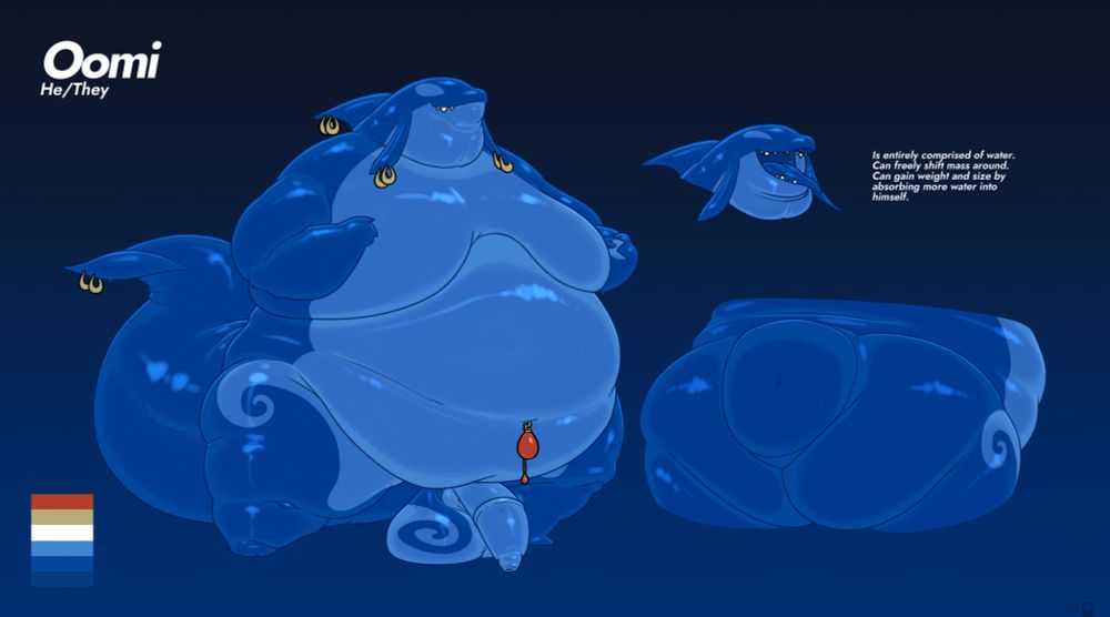 A reference sheet of Oomi (Pronouns He/They), a creature comprised almost entirely of clear blue waters. Oomi can freely shift their mass around, and gain size and weight by taking in more water into himself. He is very large and portly, sporting a sizable second chin and sagging moobs with the rest of his comparatively 'whale-inspired' stature. He has teardrop shaped jewelry golden jewelry hanging off of his tail fin, dorsal fin, and little head tendrils off the side of his face. His 'bellybutton' is adorned with a piece of red coral jewelry.  His underbelly and inner thighs are colored slightly lighter than the ocean blue of the rest of his body, same with his eyes. That light coloration swirls around onto his outer thighs, just beside his buttocks. That same light coloration also shows on his flaccid penis, the same swirl pattern showing on his balls.