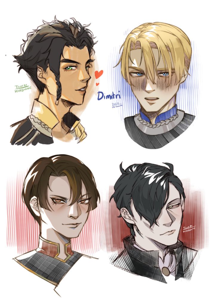 Colored sketches depicting Claude Von Reigan, Dimitri Alexandre Blaiddyd, Metodey, and Hubert Von Vestra from Fire Emblem Three Houses