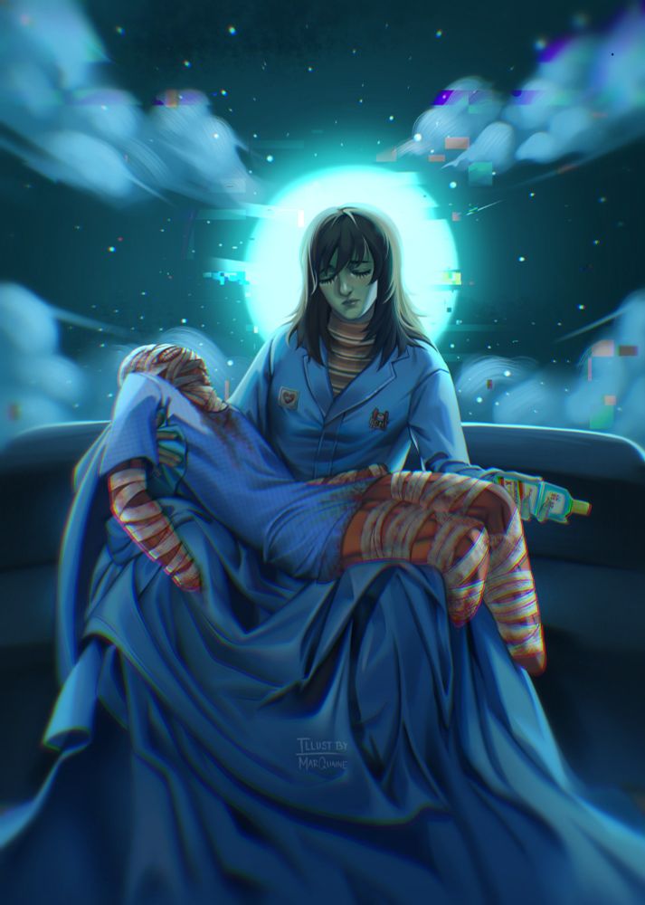 Anya and Curly from the game Mouthwashing depicted as Michelangelo's Madonna Della Pietà. Anya has Curly spread on her lap with a blanket. Behind them is the fake night sky.