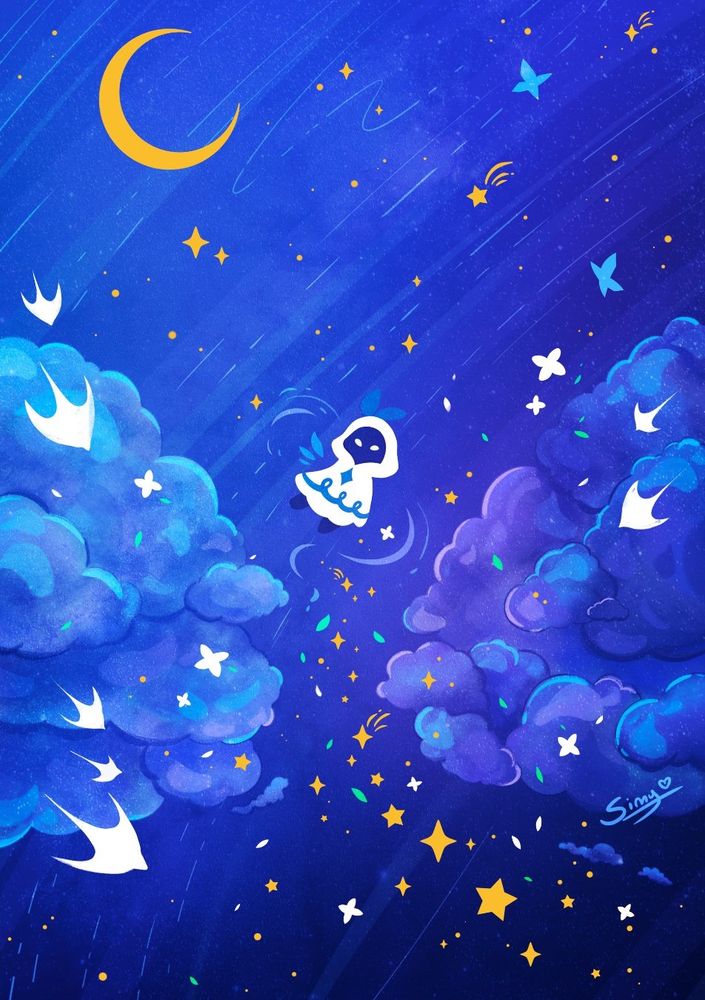 Venti in his wisp form in a blue sky full of stars