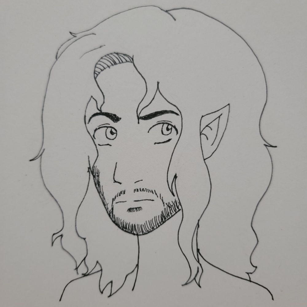 Traditional art of John Wick looking at the camera. He has a pointed ear.