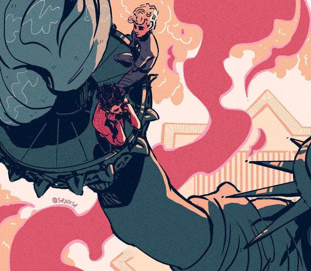 Johnny Storm and Peter Parker hanging on the statue of liberty's torch during sunset.