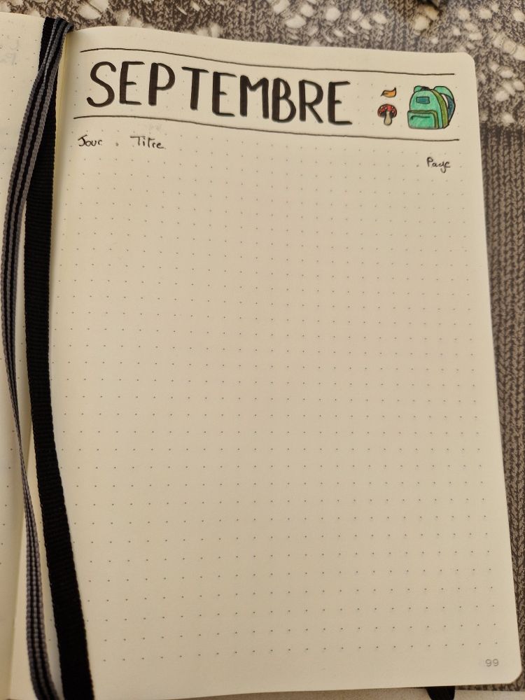 Page de mon sous-sommaire de Septembre.  Le mois y est indiqué en capitales noires avec quelques doodles rappelant l'automne (feuille morte et champignon) et la rentrée scolaire (sac à dos).
Pour l'instant le reste de la page est vide mais bientôt, elle indiquera des comparatifs de prix, des références de couleurs, de nouvelles pistes pour le business plan et des contacts avec des prospects.
