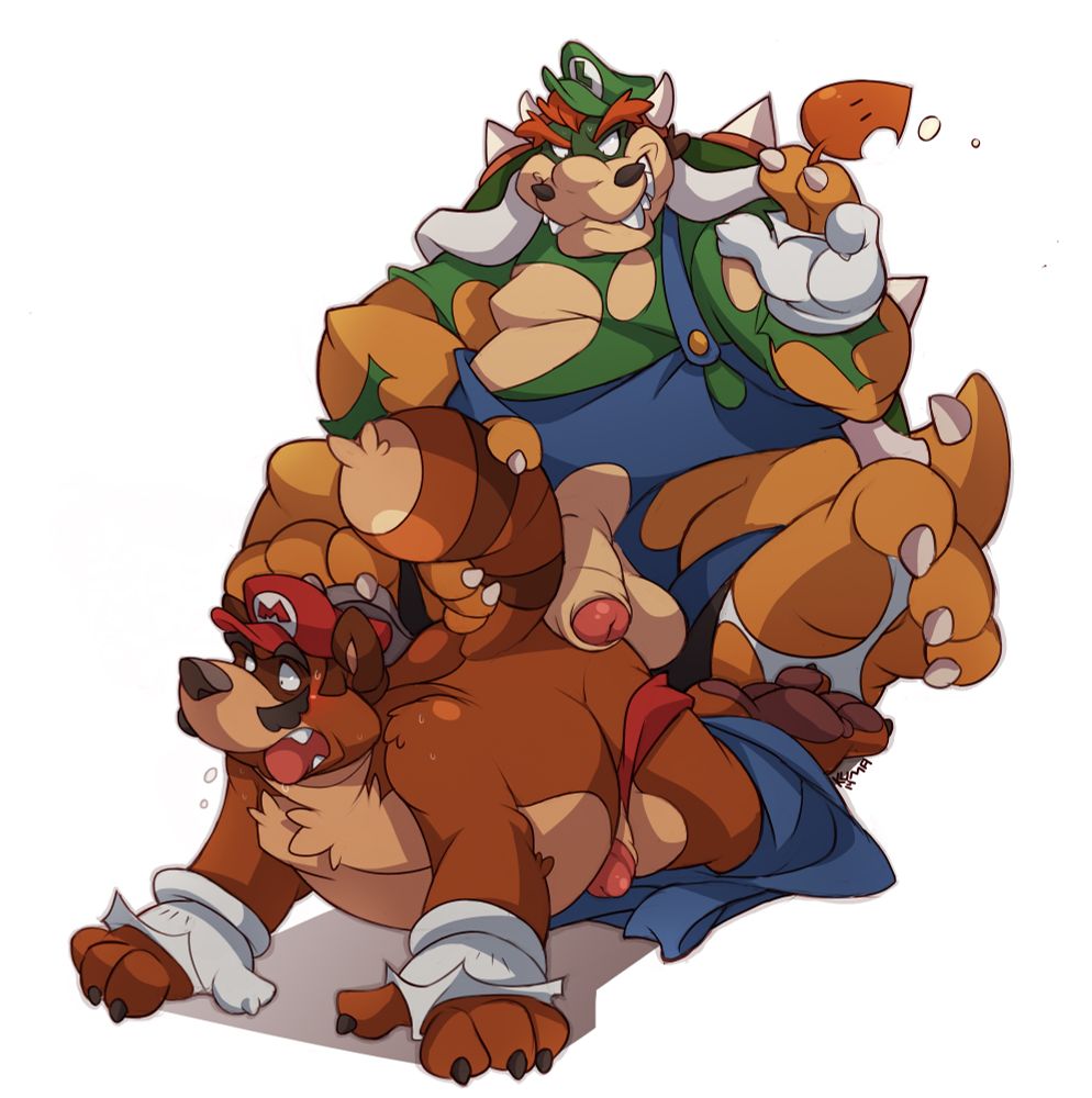 Mario transforming into a tanuki on all fours and Luigi transforming into bowser.