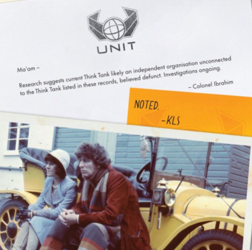 An excerpt from "The Gold Archive" where UNIT research suggests that the new Think Tank are unrelated to the "Think Tank" from the Fourth Doctor story "Robot".