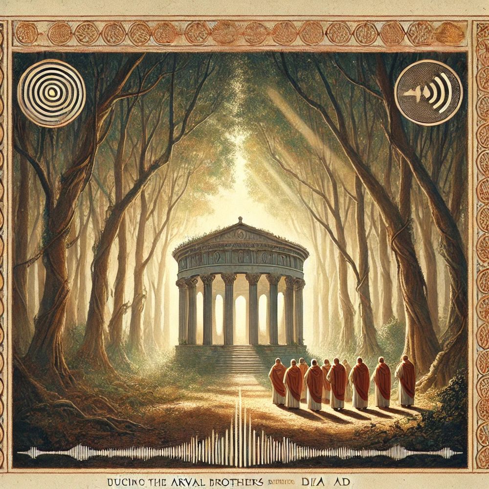 An AI generated image of the secret grove of the Dea Dia, with a priestly procession into a round temple in the middle of a forest with high trees.