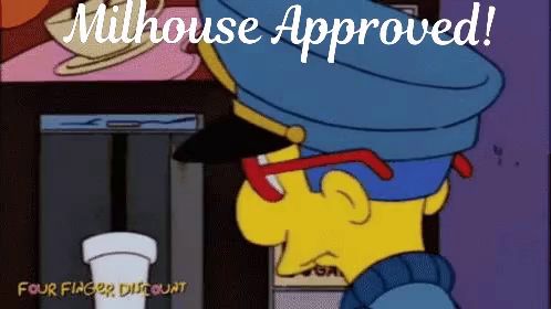 a cartoon of milhouse approved with a cup of coffee in front of him