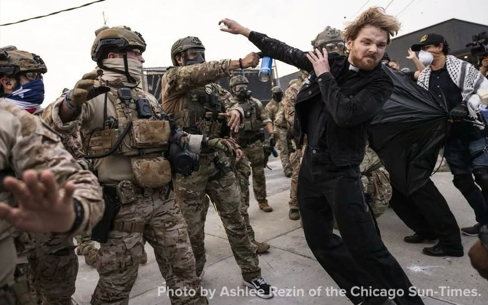 ICE officer firing a projectile into the head of a member of the clergy from a distance of approximately 15 *inches*. minister reels from impact.