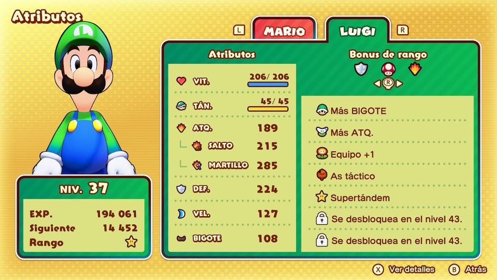 The 4th photo of the endgame stats of Mario & Luigi Brothership in Latin American Spanish text. Luigi reached Star Rank with the following Bonuses:

◇ Shell Rank - Stache Up
◇ Boomerang Rank - Power Up
◇ Flower Rank - Gear Slot +1
◇ Leaf Rank - Counterer
◇ Star Rank - Bros. Pro