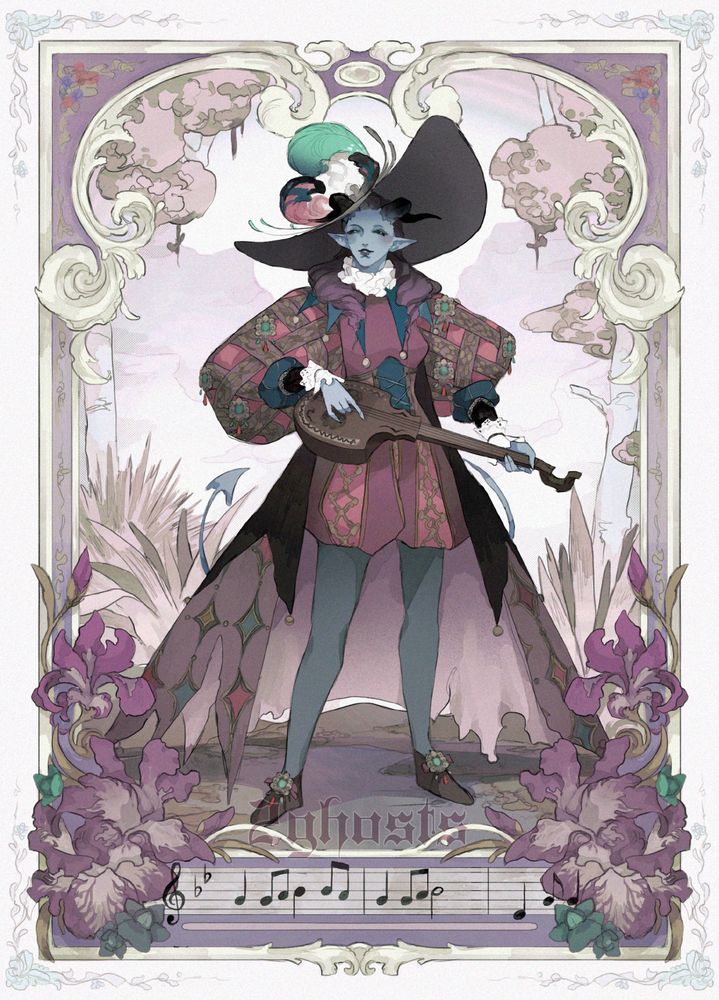 an illustration of alfira from baldur's gate 3. she's a blue skinned tiefling with dark purple hair, she's wearing a big feathered hat and wearing a purple outfit. she's surrounded by a white and purple border, with a music score at the bottom and purple irises on the sides.