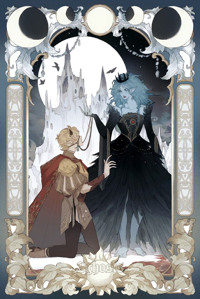 An illustration of a girl with blue skin and blue hair, wearing a black dress and a crown. Next to her is a kneeling boy with little horns and blonde hair, he's wearing a bridle on his face. The girl next to him is holding the strap of the bridle.
In the background there is a big castle made of ice and a moon visible behind it. 
The top part of the border around the illustration depicts moon phases surrounded by frost. The bottom part of the border depicts a sun and oak leaves.