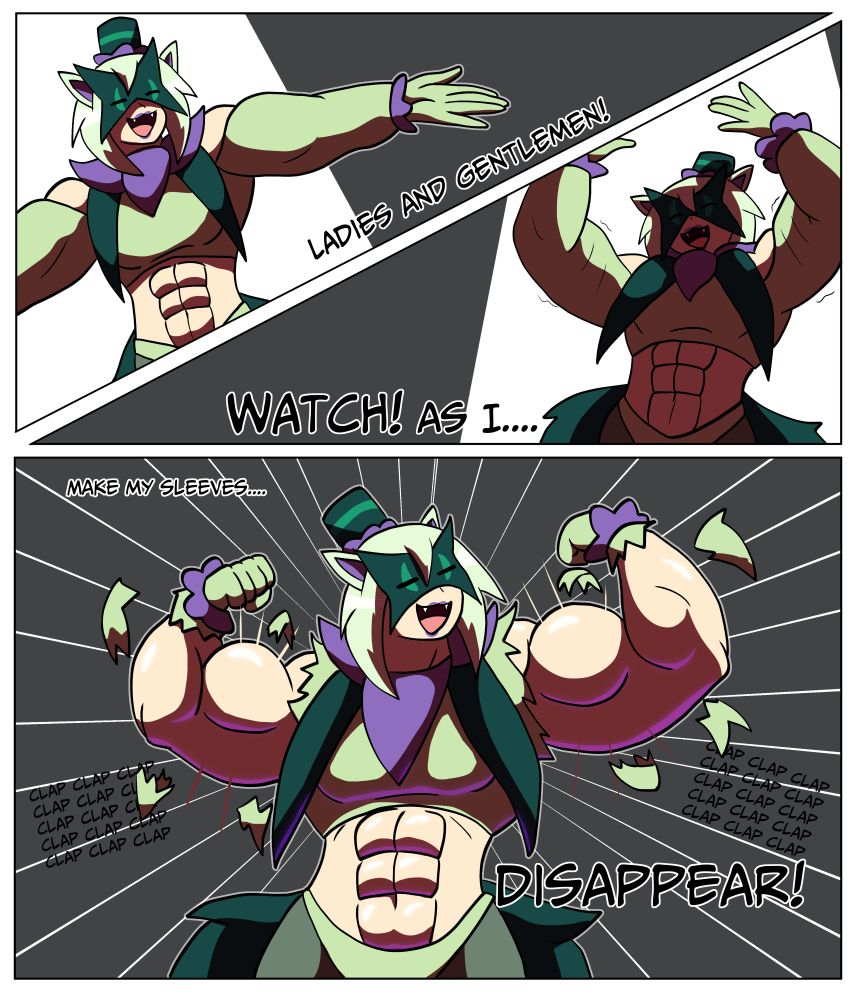 Salem, human Meowscarada. Flexing her arms, making her sleeves explode from her huge muscles.