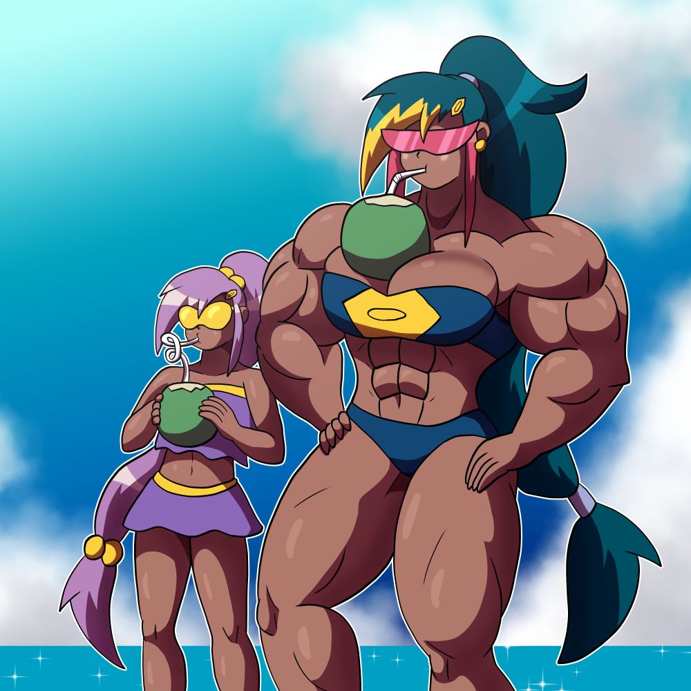 Shesha and her daughter Mana enjoying some refreshments at the beach. Shesha hold a coconut on her chest.