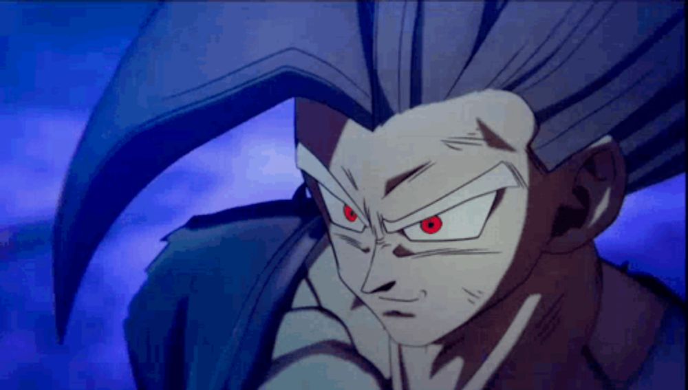 a close up of a cartoon character with red eyes and gray hair .