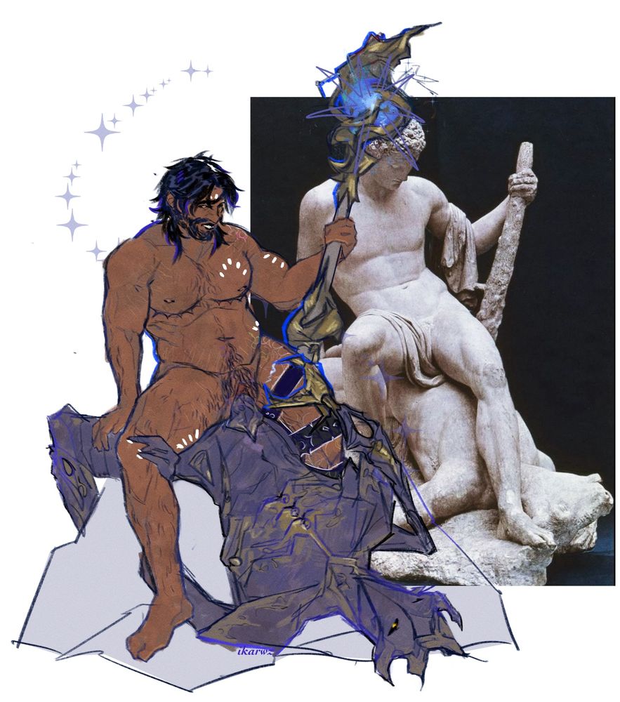 digital illustration of viktor and jayce from arcane. the piece is a redraw of the statue "theseus and the minotaur" by Antonio Canova (1782), with jayce riding machine herald viktor, supporting himself on viktor's staff. 