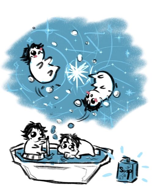 digital doodle of viktor and jayce from arcane as beans (inspo from user @ toto), they're drinking soap water from a bird's pool and levitate above because of bubble hiccups. the background is the hexcore levitation scene from s1. 