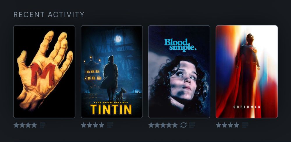 m, 4 stars; the adventures of tintin, 4 stars; blood simple, 5 stars; superman, 4 stars