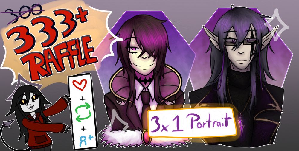 An image showcasing my 333+ followers raffle.
For 3 winners I'll draw one portrait. Two example portraits of my OCs Corelius and Astae'us are shown.
The rules are simple: fave and repost this post and follow me (new followers are welcome! 💕) This is also depicted by icon on this picture, presented by my Sona Remnant.