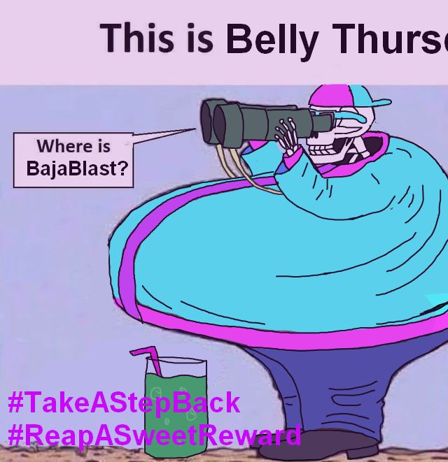 redraw of capn over that one poltical cartoon of a fat guy looking into binoculars but what he's looking for is underneath his huge belly. Text says #TakeAStepBack #ReapASweetReward