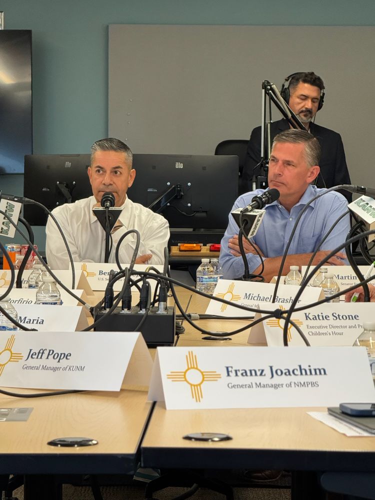 Senators Ben Ray Luján and Martin Heinrich at the head of the table at the New Mexico Public Broadcasting Roundtable. 