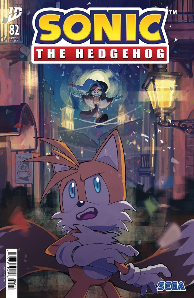 Idw sonic the hedgehog issue 82 A cover depicting Tails looking around in a frantic manner in the streets while being watched over by a mysterious jester balancing on wires above him. 
